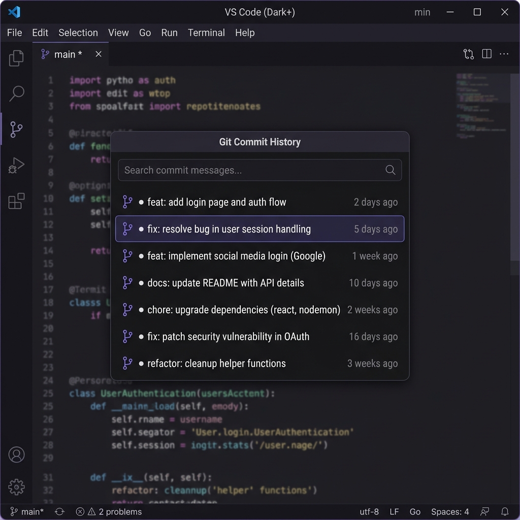 Git Peel in action — commit history quick-pick in VS Code